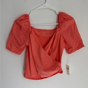 NWT Anthropologie Coral Puff Sleeve Wrap Top